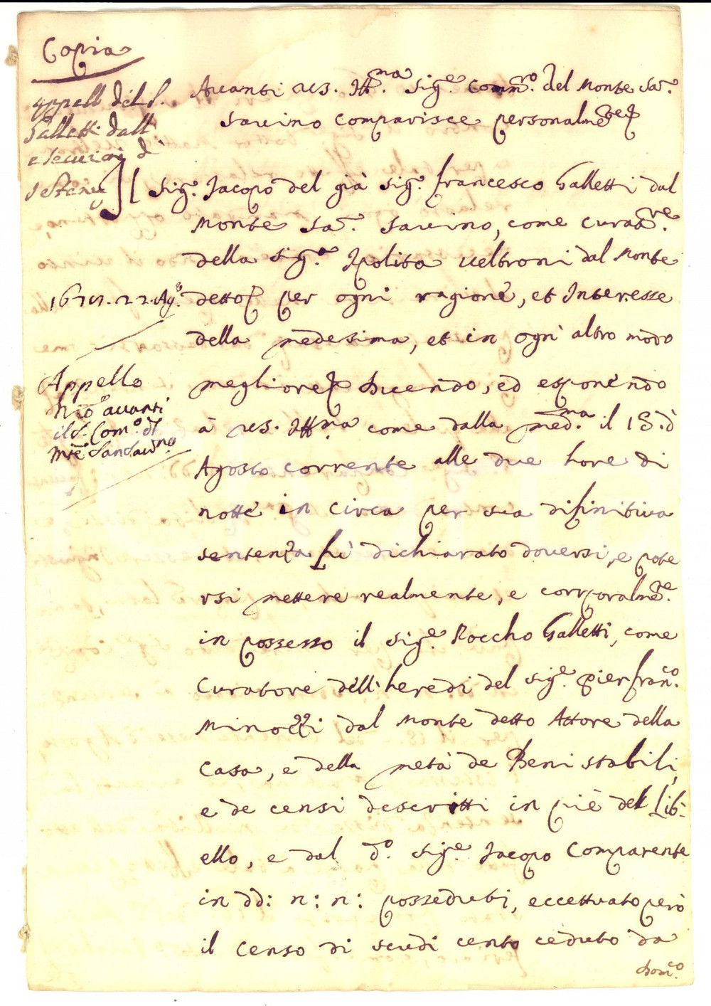 Documento originale, autentico 1678 MONTE SAN SAVINO AR Appello Jacopo GALLETTI curatore di Ippolita VELTRONI 1