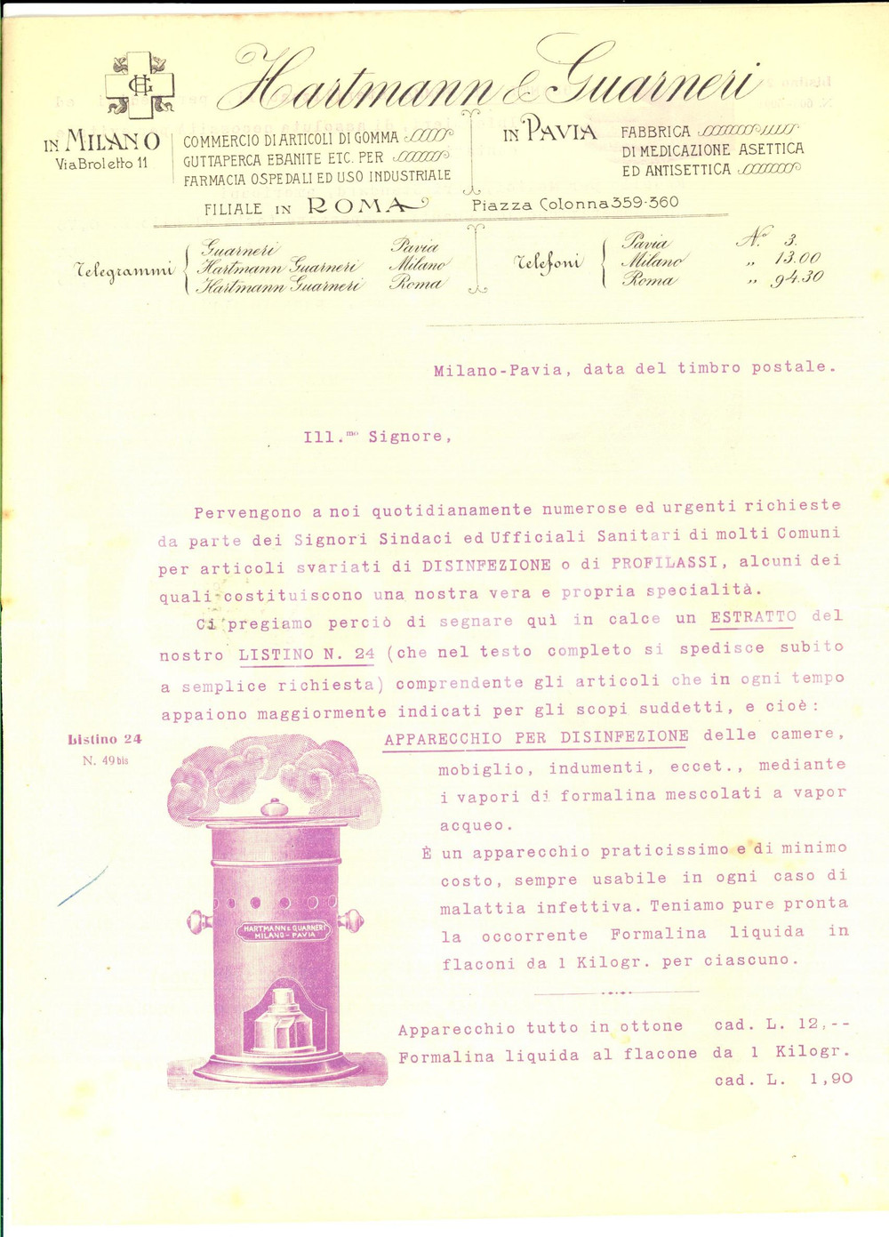 Materiale pubblicitario d’epoca 1910 ca PAVIA Ditta HARTMANN & GUARNERI Disinfezione e profilassi Pubblicitario 1