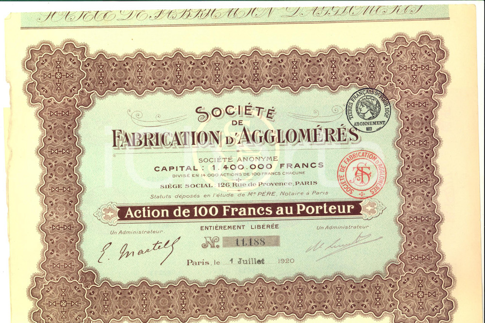 Oggetto da collezione cartaceo 1920 PARIS SociÃ©tÃ© de Fabrication d AgglomÃ©rÃ©s Action 100 Francs 1