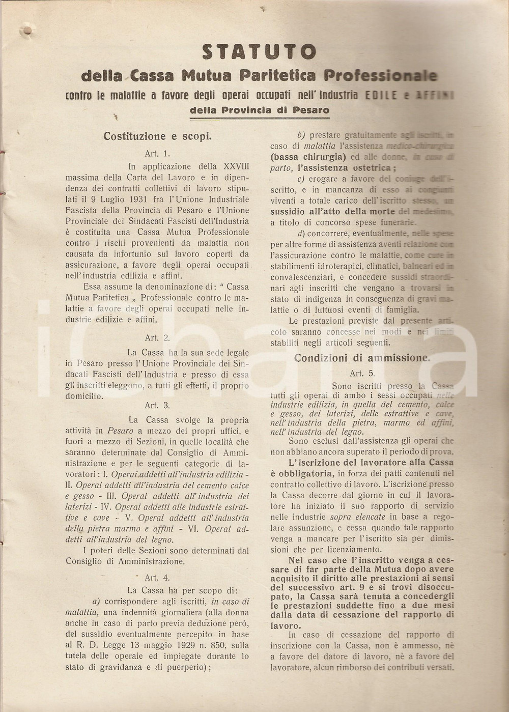 Documento originale, autentico 1932 PESARO Statuto Cassa Mutua Paritetica Professionale EDILI E AFFINI 1