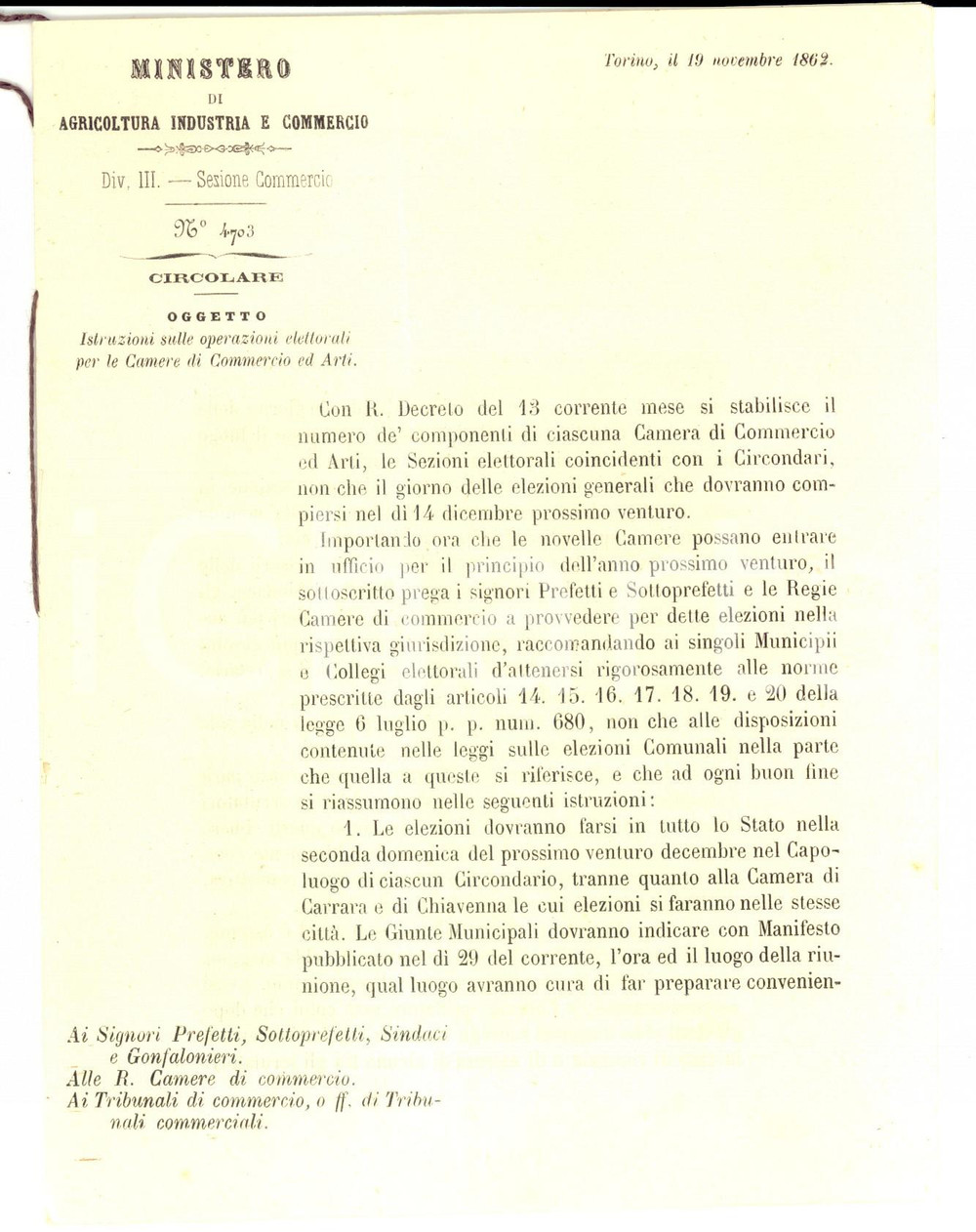 Documento originale, autentico 1862 TORINO Camere di Commercio ed Arti  Istruzioni sulle operazioni elettorali 1