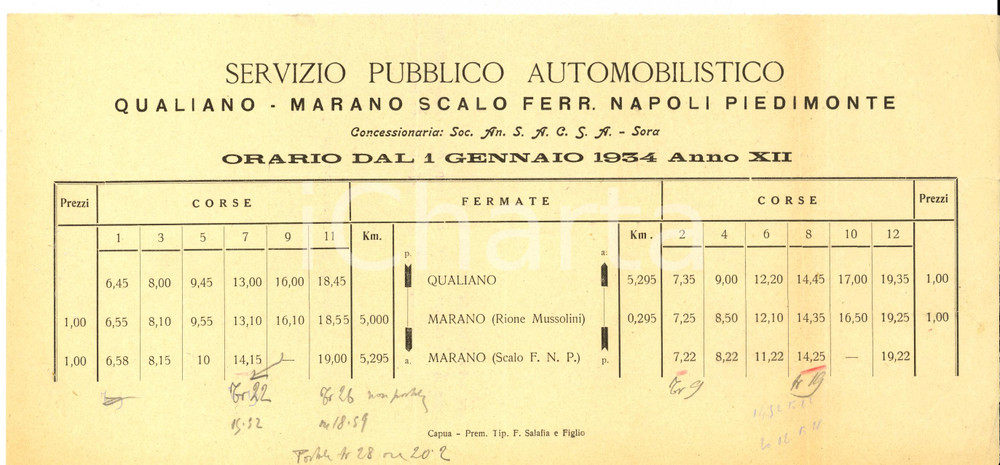 Materiale pubblicitario d’epoca 1934 Orario pullmann linea QUALIANO  MARANO scalo Napoli Piedimonte 34x17 cm 1