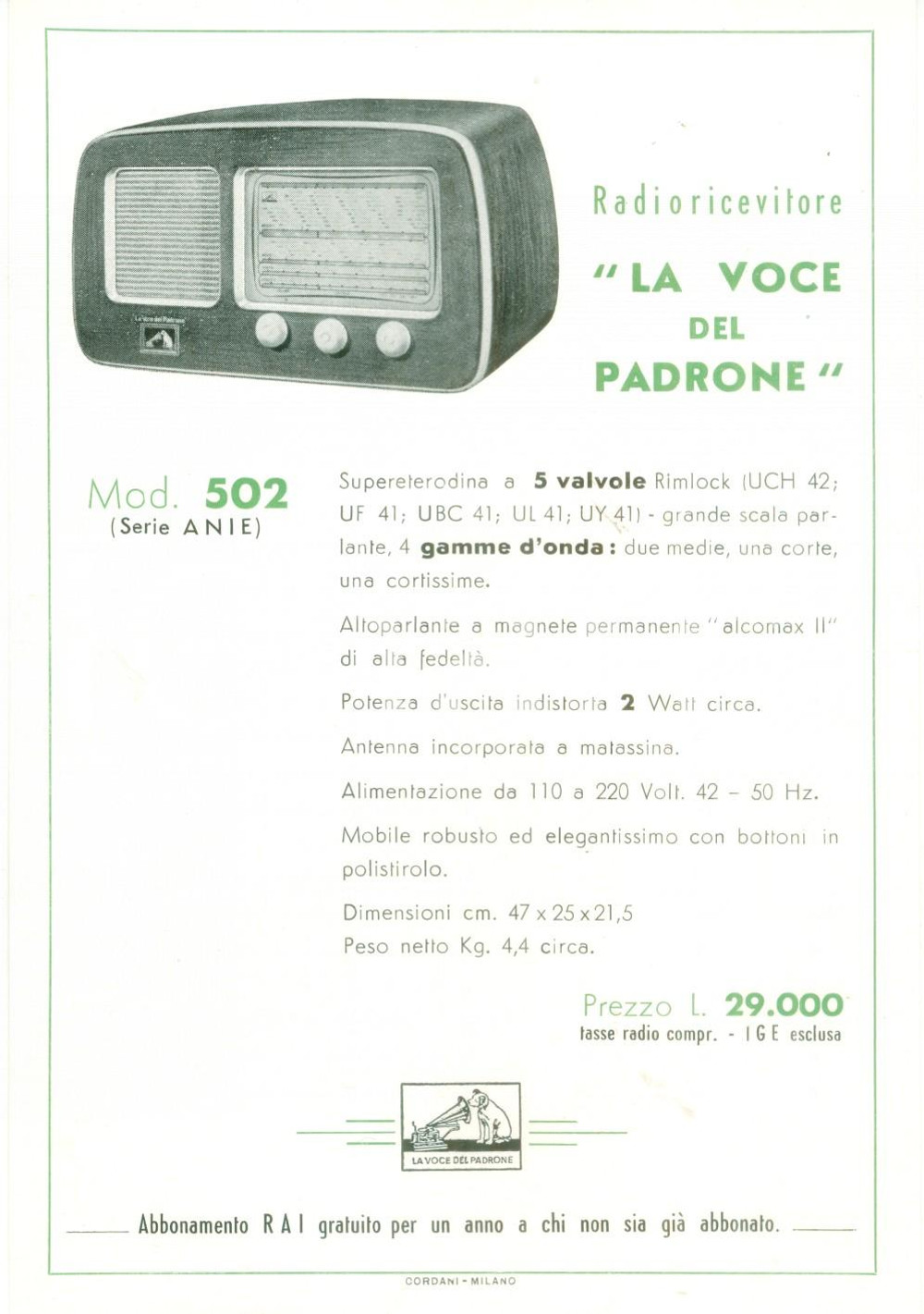 Materiale pubblicitario d’epoca 1950 ca MILANO Radioricevitore La Voce del Padrone Volantino ILLUSTRATO 1