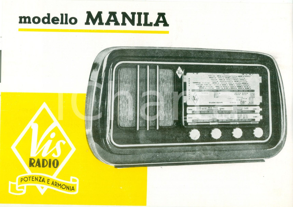 Materiale pubblicitario d’epoca 1950 ca NAPOLI Radio VIS modello MANILA Volantino pubblicitario ILLUSTRATO 1