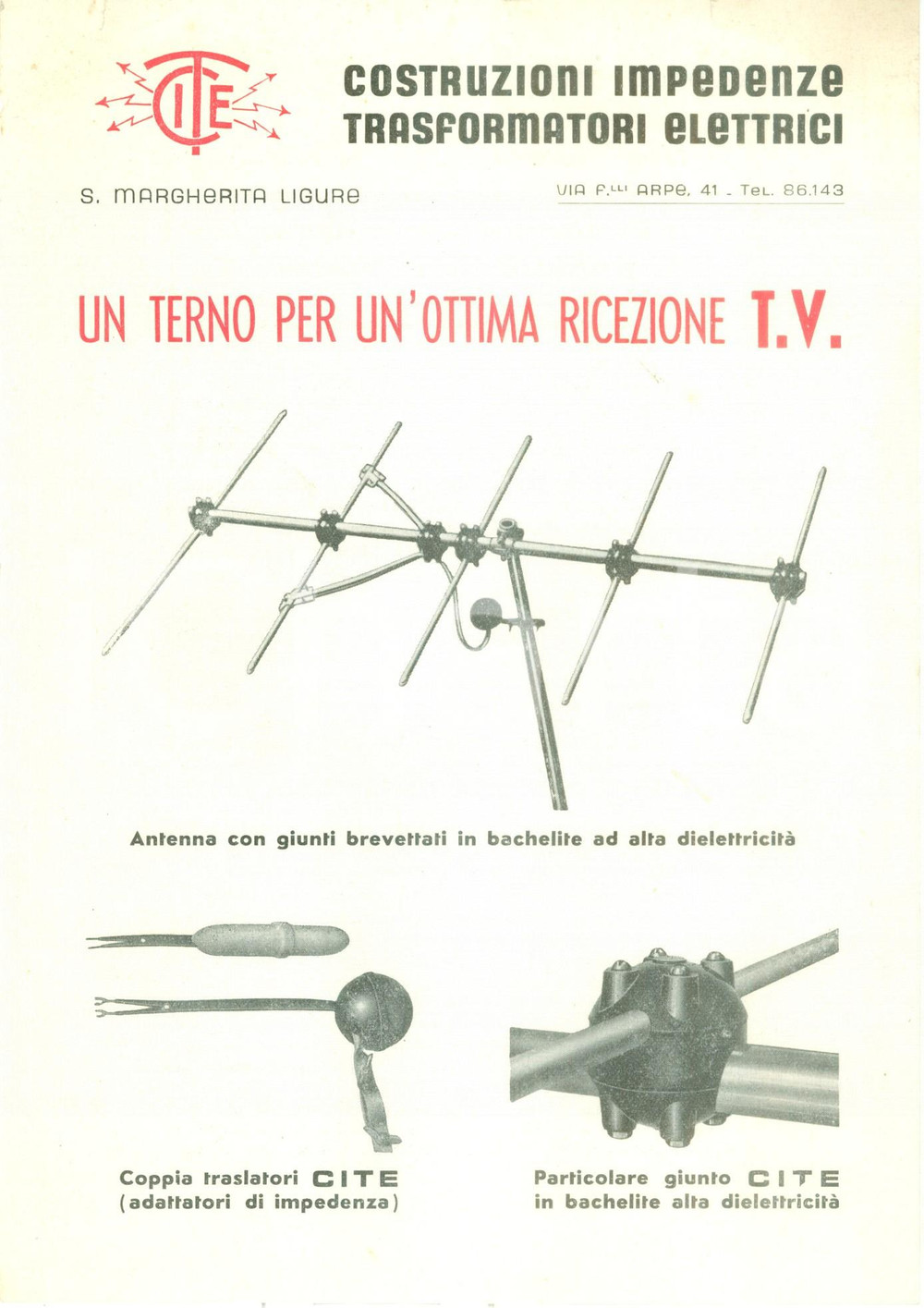 Materiale pubblicitario d’epoca 1955 ca SANTA MARGHERITA LIGURE GE Antenne tv CITE Volantino ILLUSTRATO 1