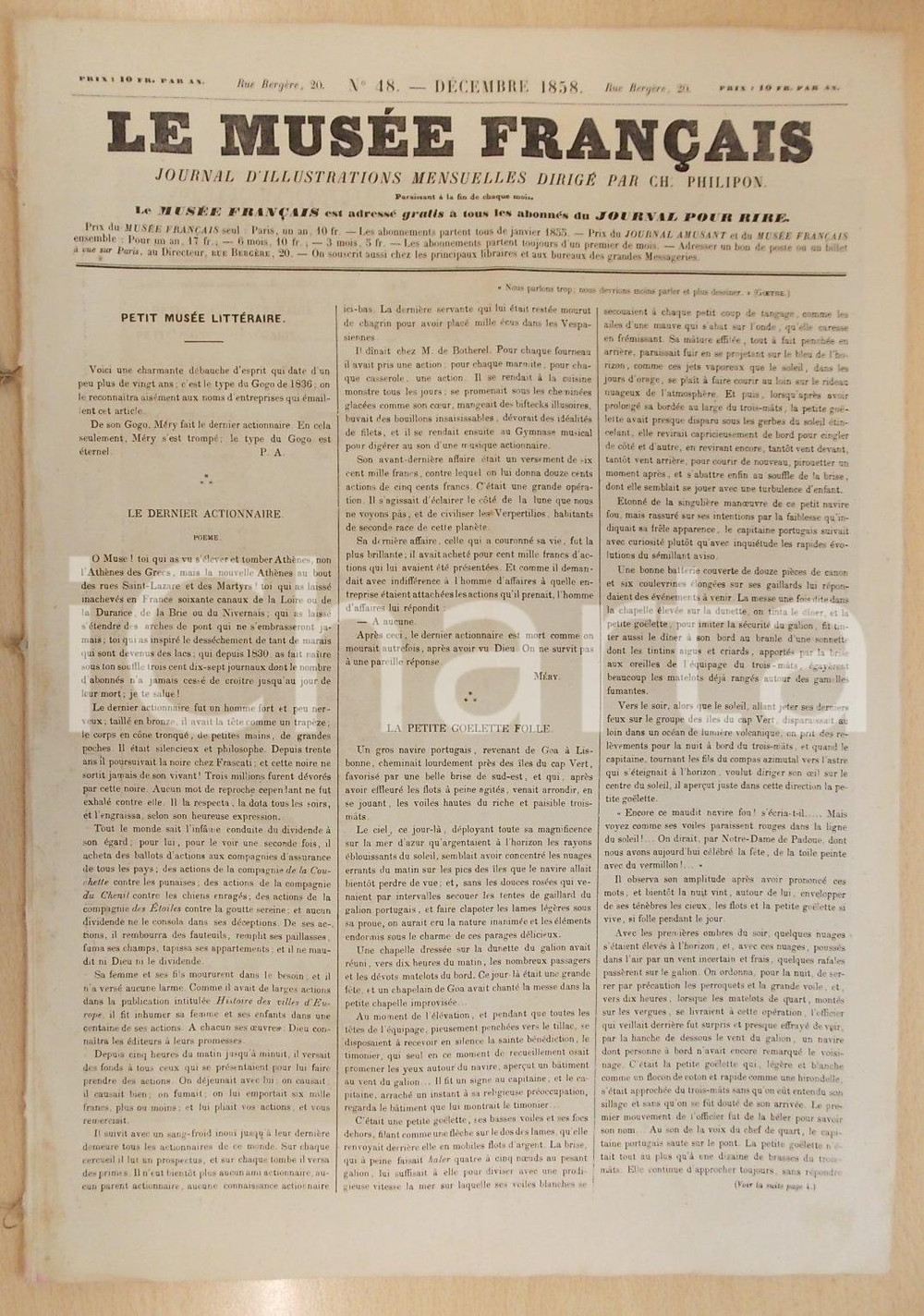 Giornale, rivista storica 1858 LE MUSEE FRANCAIS La petite golette folle Journal d illustrations nÂ°48 1