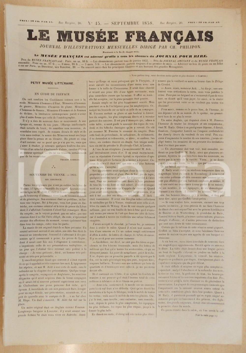 Giornale, rivista storica 1858 LE MUSEE FRANCAIS Le violon brisÃ© GUSTAVE DORE  Journal d illustrations 45 1