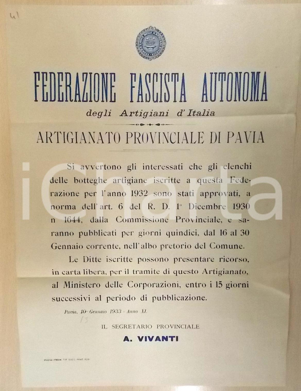 Documento originale, autentico 1933 PAVIA Federazione Fascista Artigiani  Pubblicazione elenchi botteghe 1
