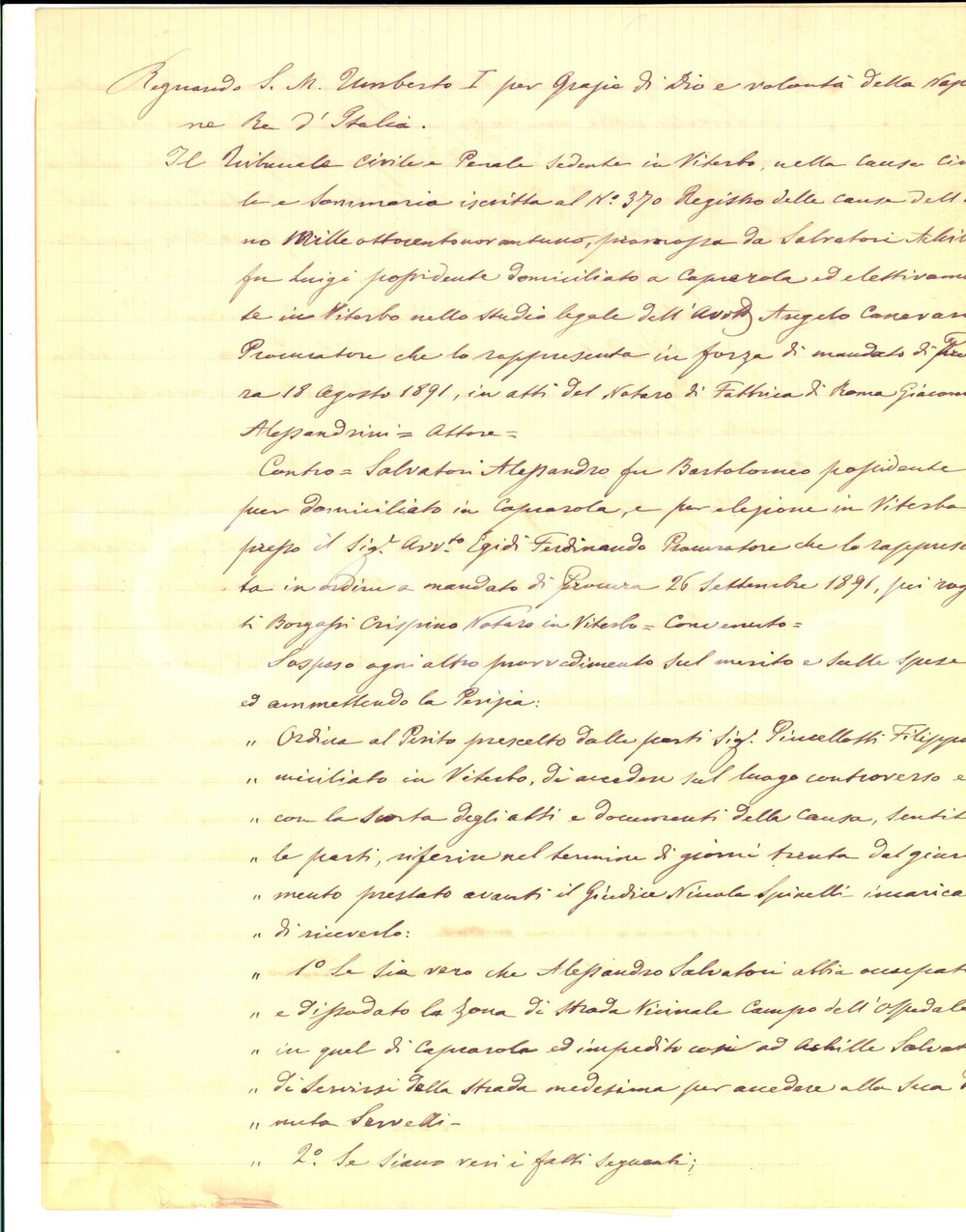 Documento originale, autentico 1892 CAPRAROLA Lite contro Alessandro SALVATORI per lavori su strada vicinale 1