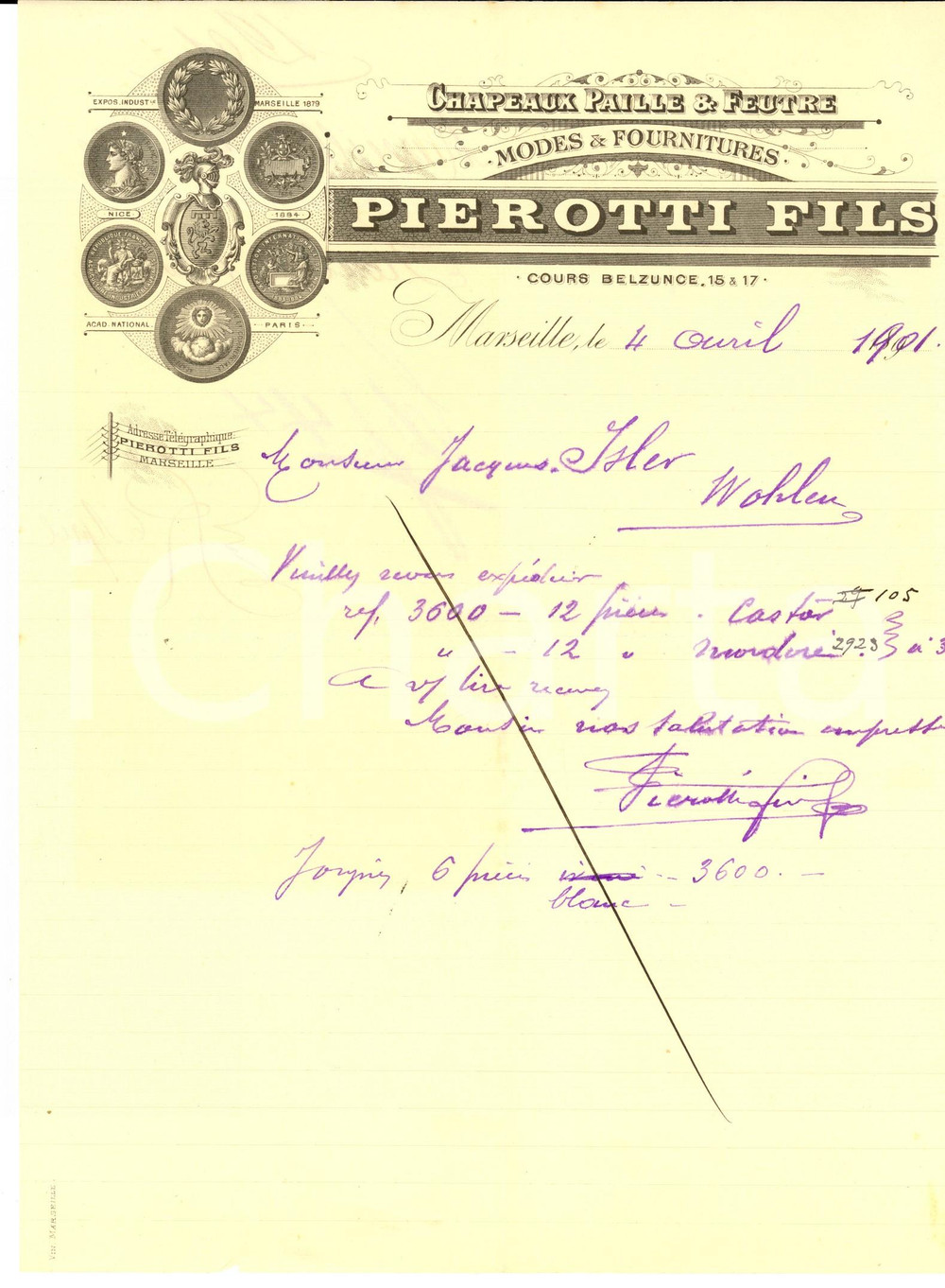 Documento originale, autentico 1901 MARSEILLE F PIEROTTI FILS Chapeaux paille et feutre  Modes Lettre 1