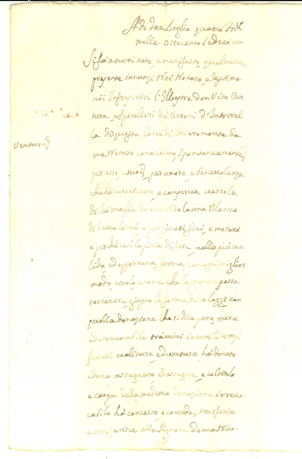 Documento originale, autentico 1816 CHIARAMONTE GULFI RG Donazione barone Vito VENTURA SPITALIERI pro moglie 1