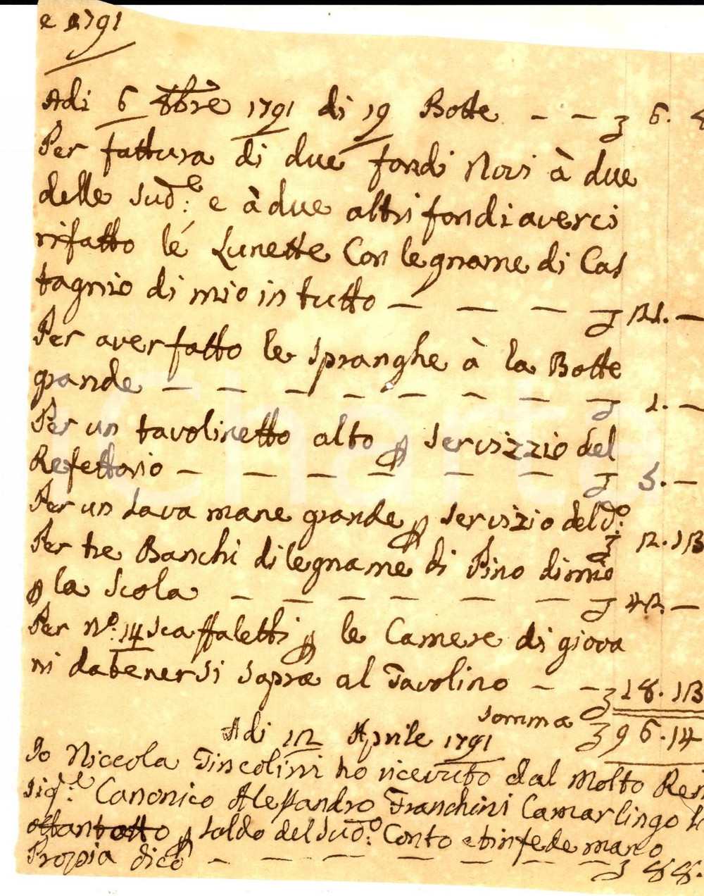 Documento originale, autentico 1791 SAN MINIATO PI Conto artigiano Nicola TRINCOLINI per Seminario Vescovile 1