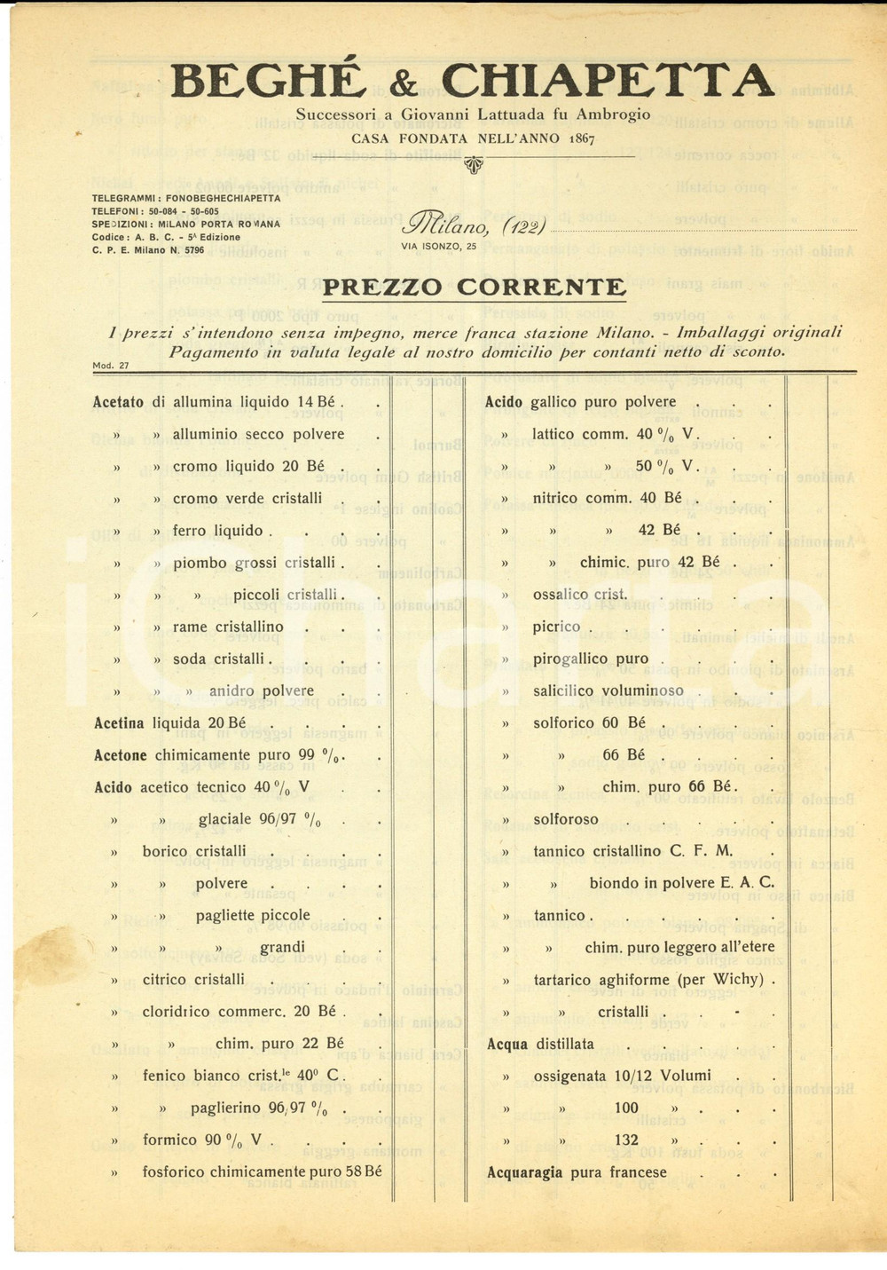 Materiale pubblicitario d’epoca 1930 ca MILANO Ditta BEGHE  E CHIAPETTA prodotti chimici Listino prezzi 1