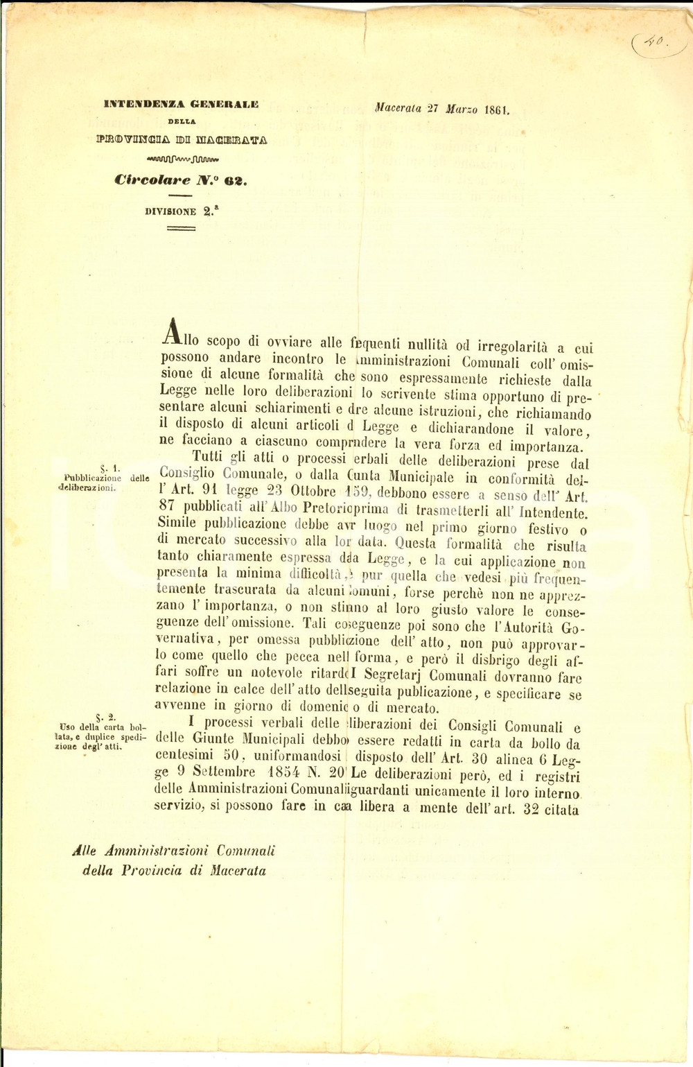 Documento originale, autentico 1861 MACERATA Amministrazioni Comunali piÃ¹ attente alle procedure Documento 1