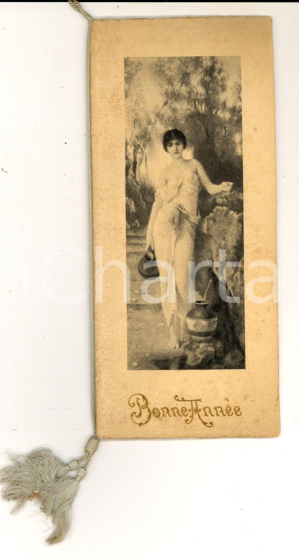 Oggetto da collezione cartaceo 1900 ca FRANCIA Biglietto BONNE ANNEE con antica greca alla fonte VINTAGE 1
