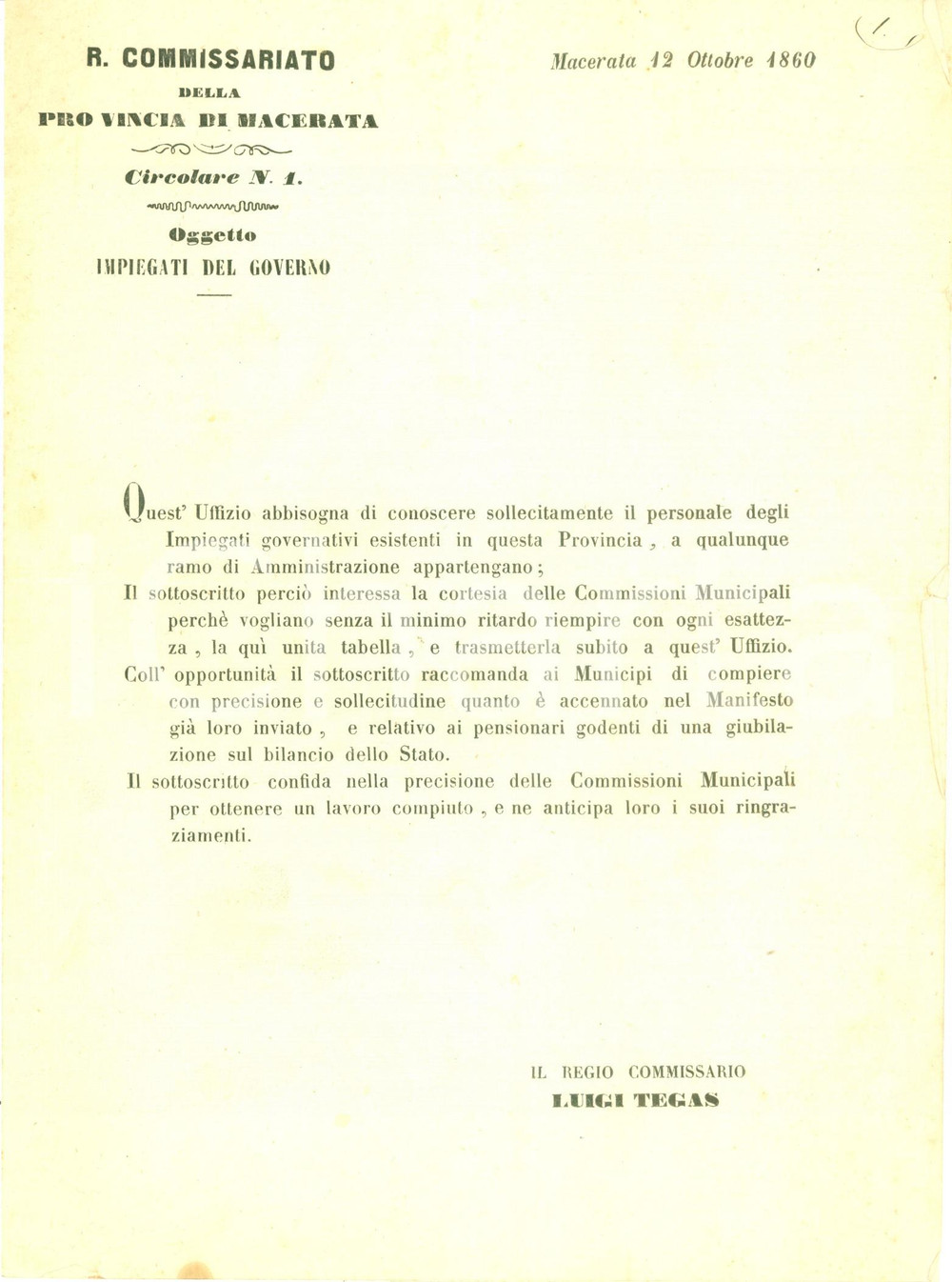 Documento originale, autentico 1860 MACERATA Obbligo di comunicazione impiegati del Governo Documento 1