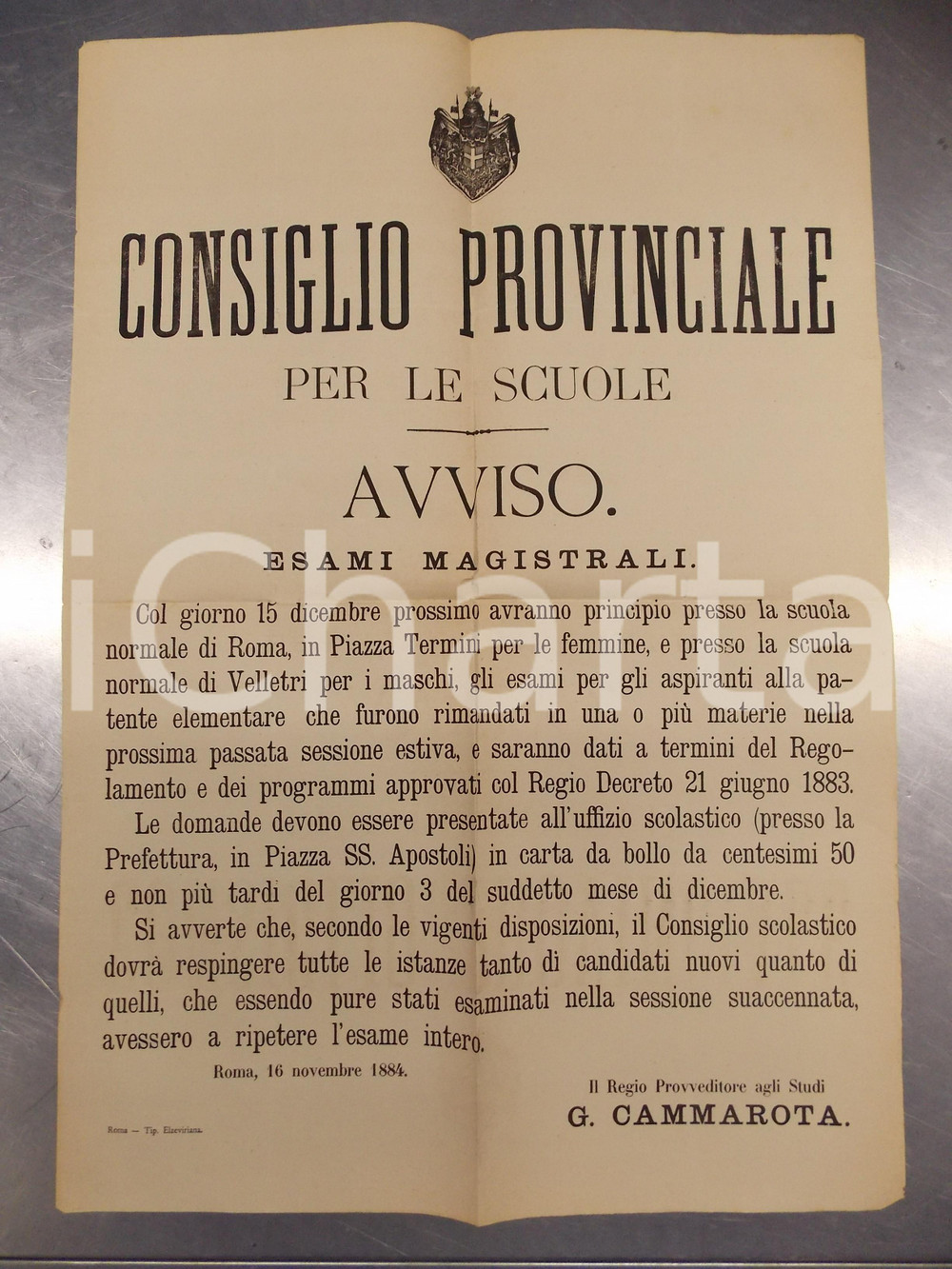 Documento originale, autentico 1884 ROMA Esami magistrali per rimandati nella sessione estiva Manifesto 1