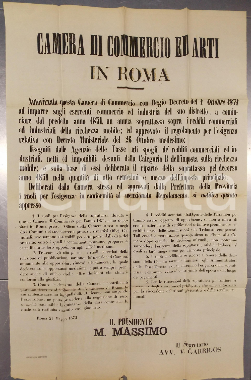 Documento originale, autentico 1872 ROMA CAMERA DI COMMERCIO ED ARTI Nuova imposizione sui redditi Manifesto 1
