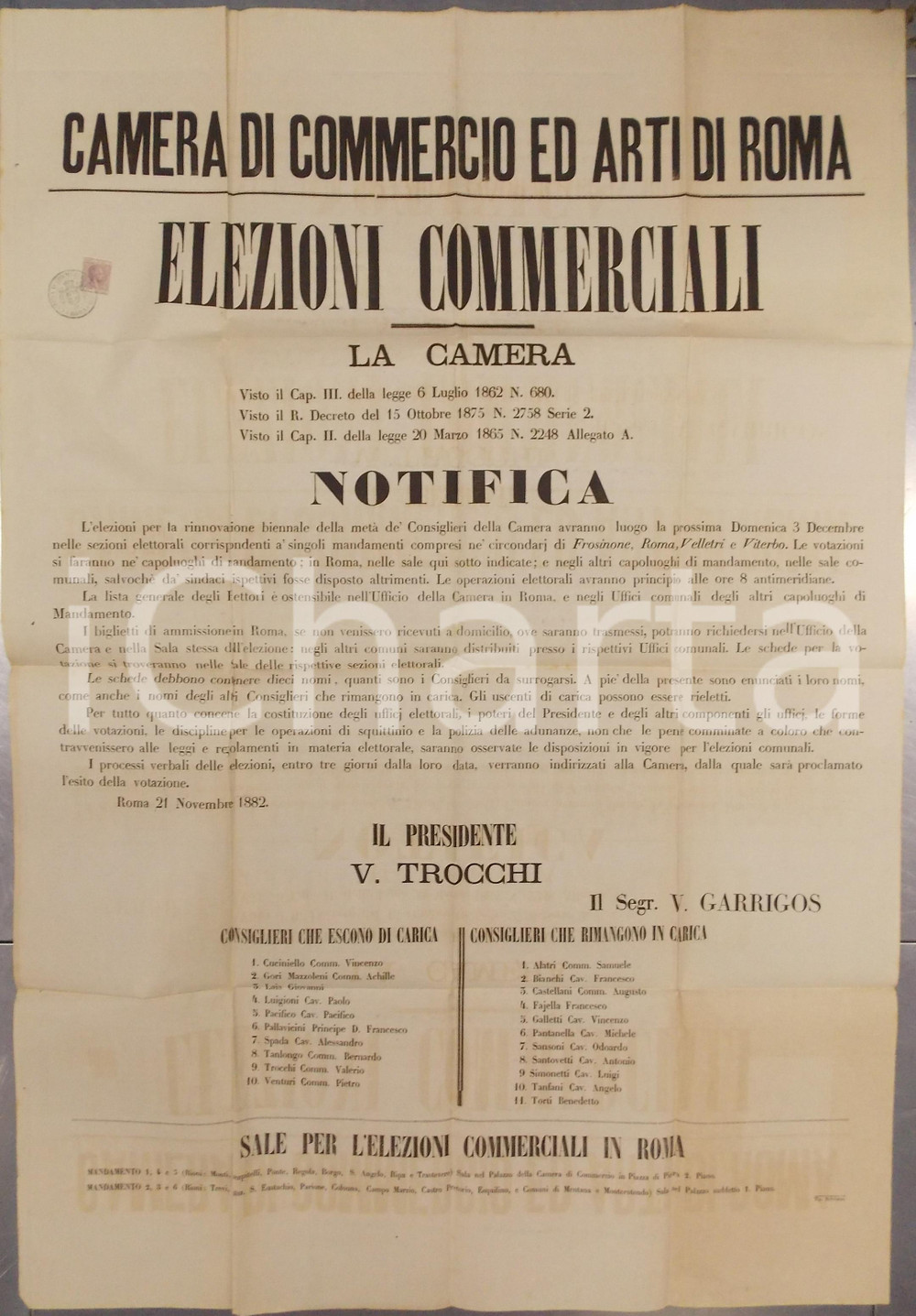Documento originale, autentico 1882 ROMA CAMERA DI COMMERCIO Elezioni per rinnovo consiglieri Manifesto 60x90 1