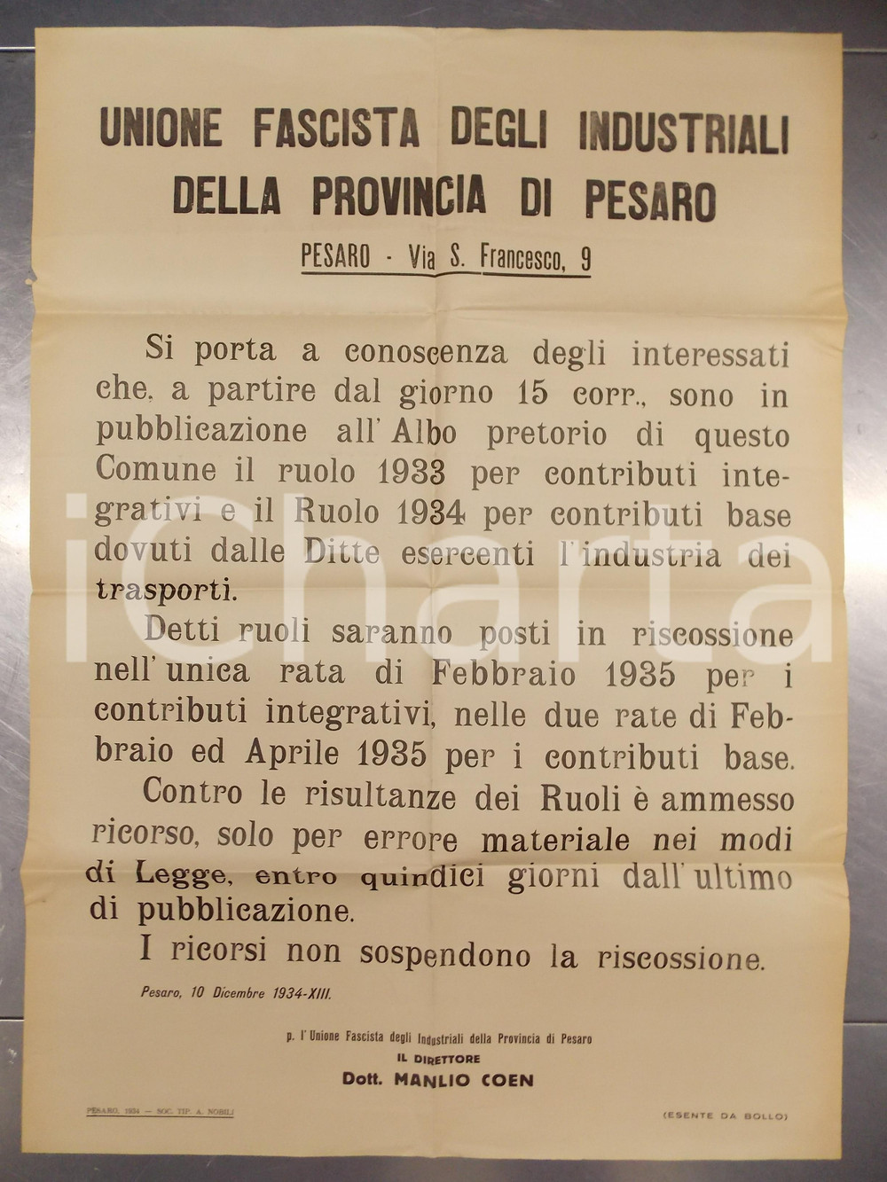 Documento originale, autentico 1934 PESARO Unione fascista degli industriali  Ruoli per contributi integrativi 1