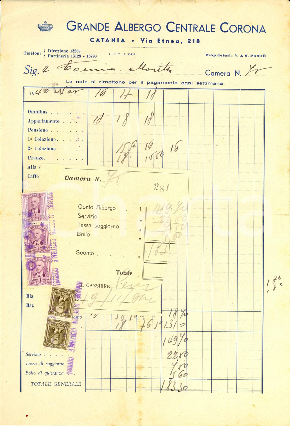 Documento originale, autentico 1940 CATANIA Grande Albergo Centrale CORONA Fattura intestata con bolli 1