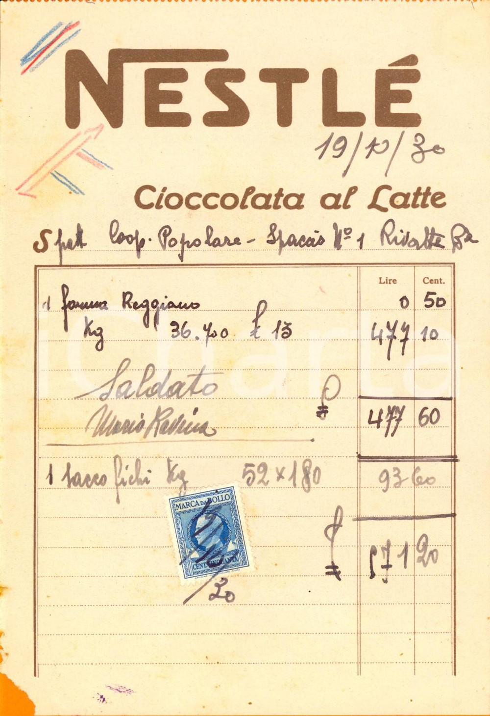 Documento originale, autentico 1930 NESTLE   Cioccolata al latte Fattura INTESTATA per sacco fichi 1