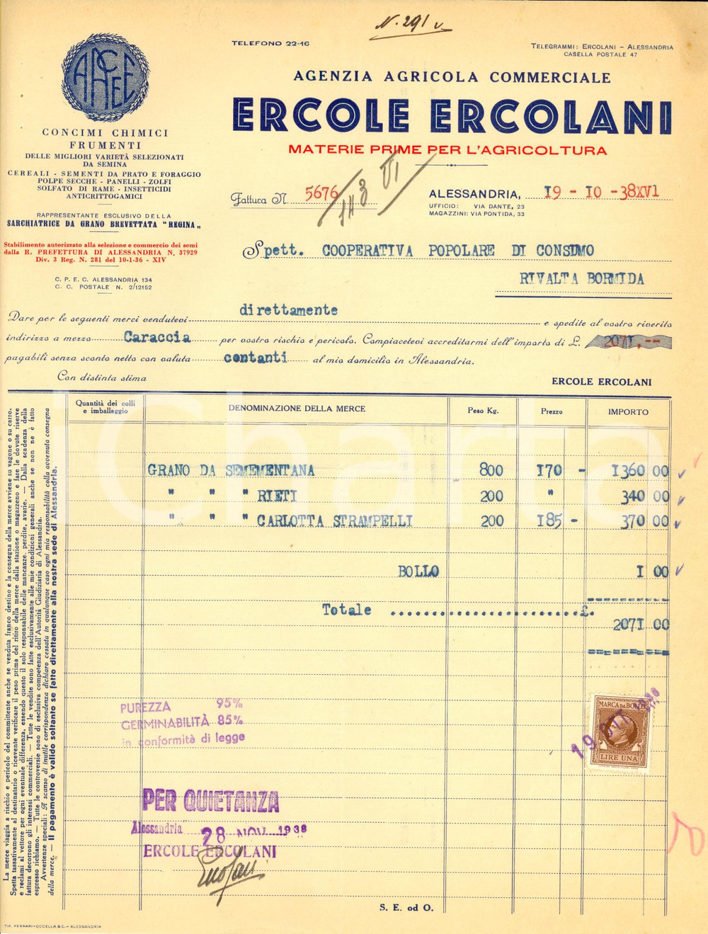 Documento originale, autentico 1938 ALESSANDRIA Materie prime per l agricoltura  AACEE di ERCOLE ERCOLANI 1