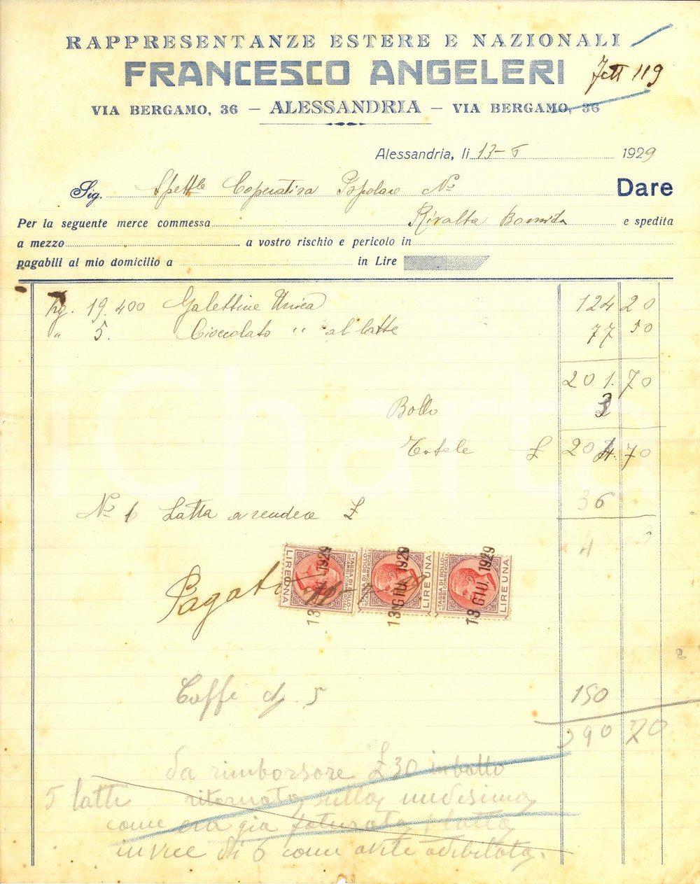 Documento originale, autentico 1929 ALESSANDRIA Rappresentanze FRANCESCO ANGELERI  estere e nazionali Fattura 1