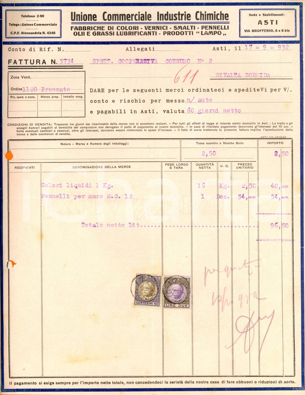 Documento originale, autentico 1932 ASTI Fabbriche olii prodotti LAMPO  UNIONE COMMERCIALE INDUSTRIE CHIMICHE 1