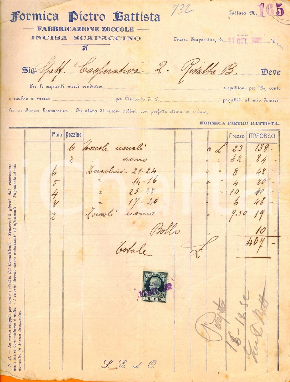 Documento originale, autentico 1922 INCISA SCAPACCINO Pietro Battista FORMICA Fabbricazione zoccole Fattura 1