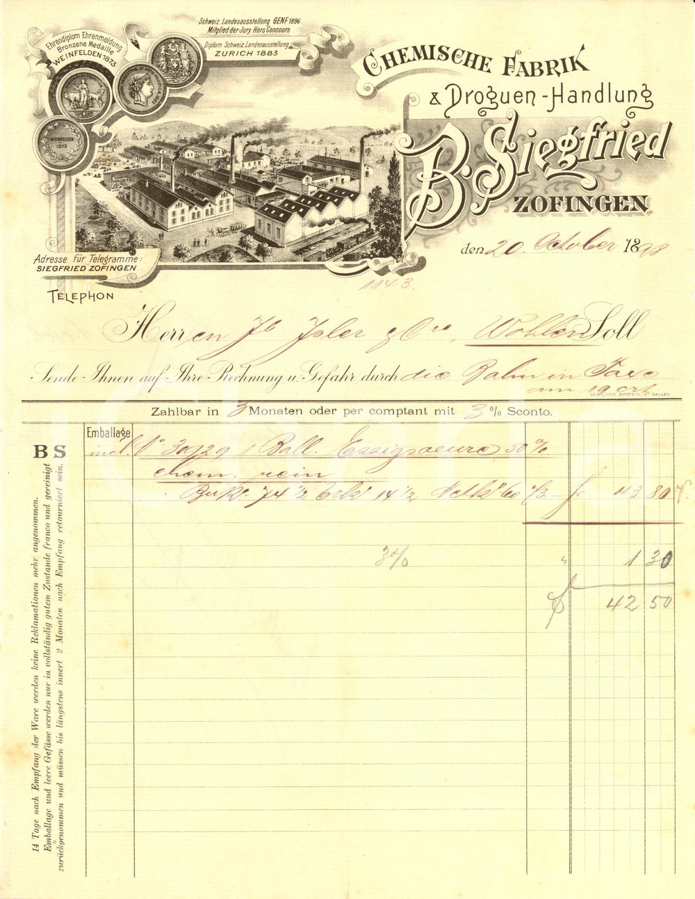 Documento originale, autentico 1898 ZOFINGEN CH  Fabbrica B. SIEGFRIED  Prodotti chimici Fattura illustrata 1