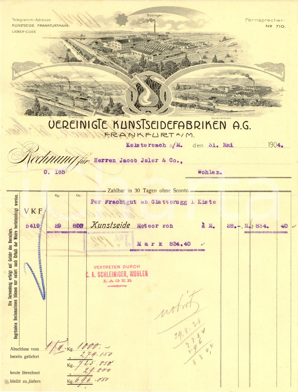 Documento originale, autentico 1904 FRANKFURT AM MEIN Vereinigte Kunstseide Fabriken A.G. Fibre tessili Fattura 1