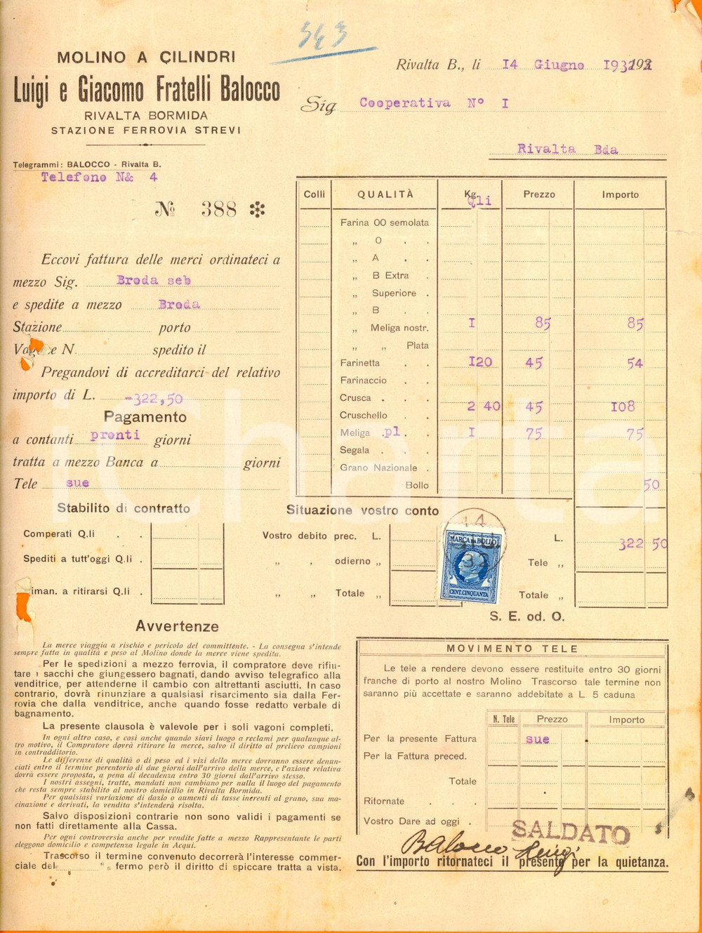 Documento originale, autentico 1932 RIVALTA BORMIDA AL Molino a cilindri FRATELLI BALOCCO Fattura intestata 1