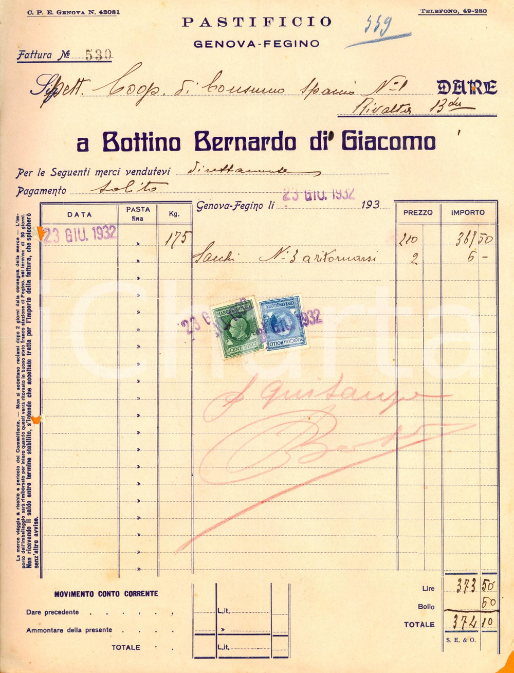 Documento originale, autentico 1932 GENOVA FEGINO Pastificio BOTTINO BERNARDO DI GIACOMO Fattura intestata 1