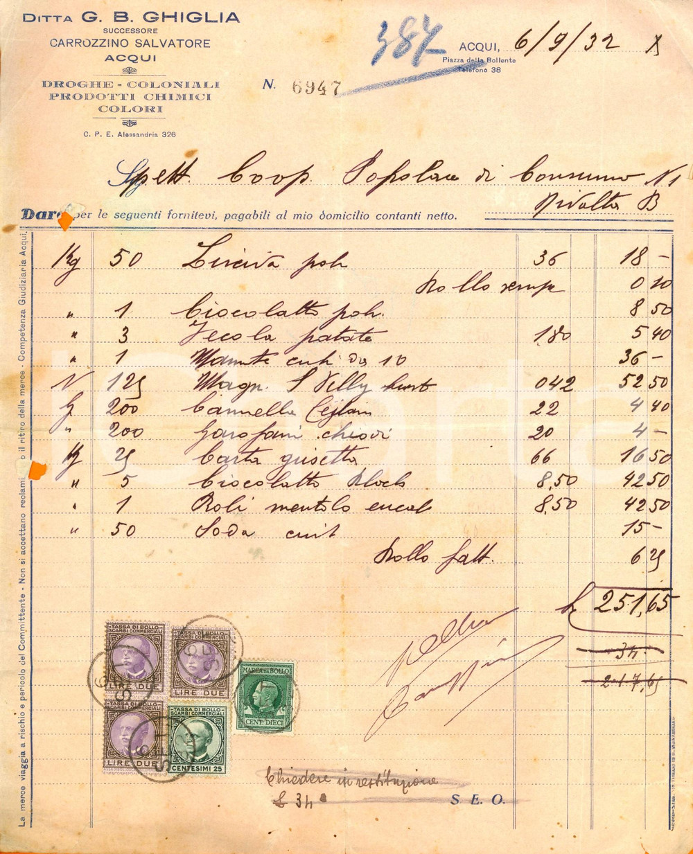 Documento originale, autentico 1932 ACQUI TERME AL Droghe e coloniali  G.B. GHIGLIA successore CARROZZINO 1
