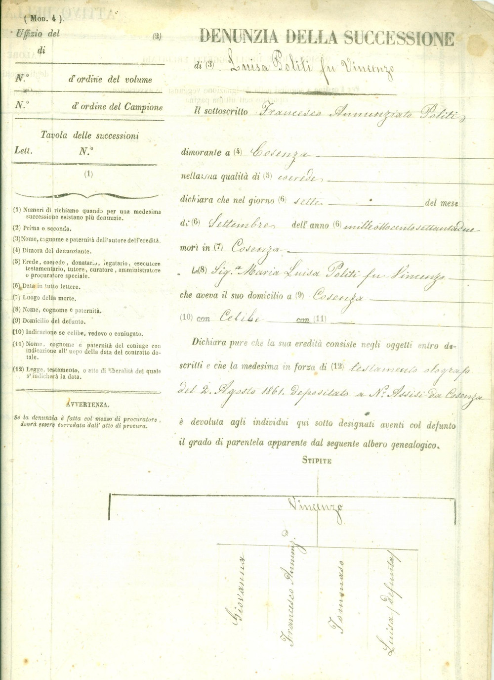 Documento originale, autentico 1862 COSENZA Asse ereditario e beni di Maria Luisa POLITI Documento 1