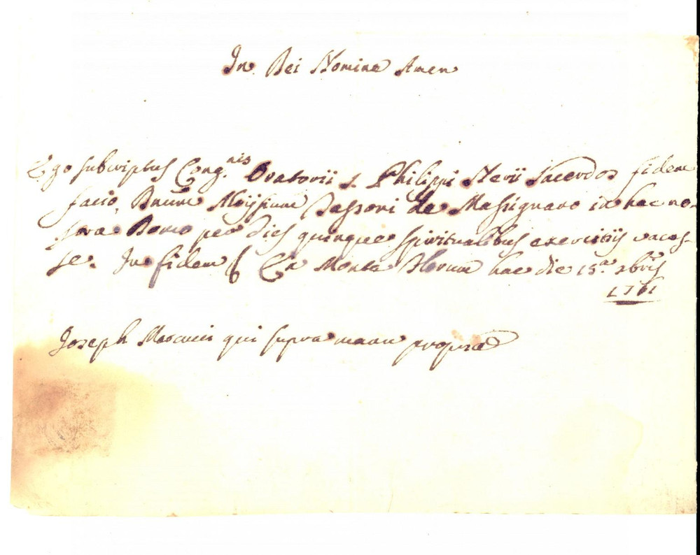 Documento originale, autentico 1761 MONTEFLAVIO RM Luisa TASSONI di MASSIGNANO assente agli esercizi spirituali 1