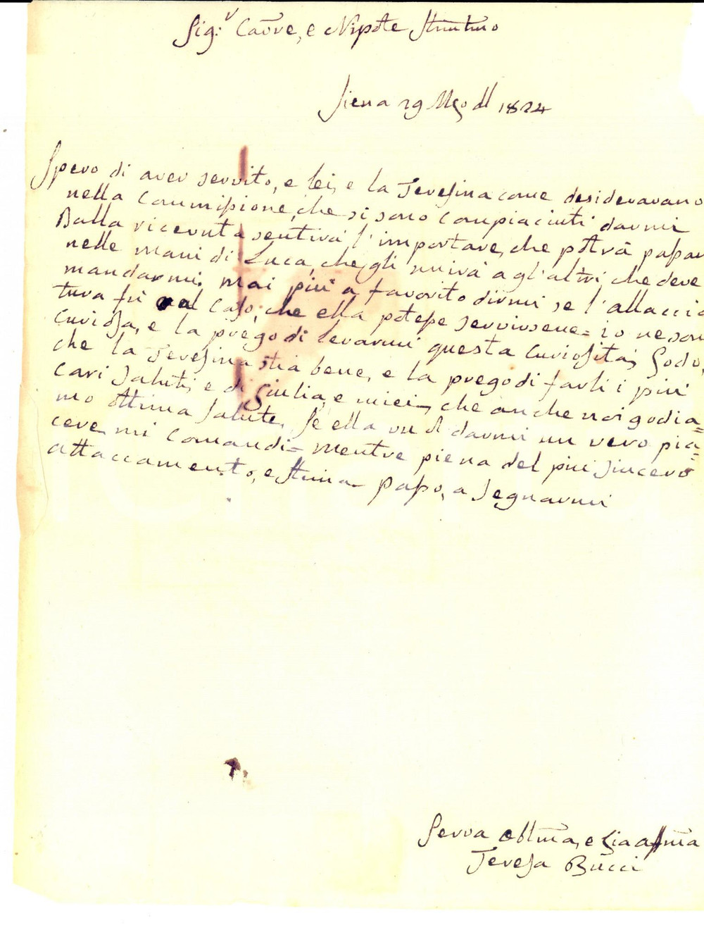 Manoscritto, lettera originale 1824 SIENA Nobile Teresa BUCCI chiede notizie della famiglia al nipote Lettera 1