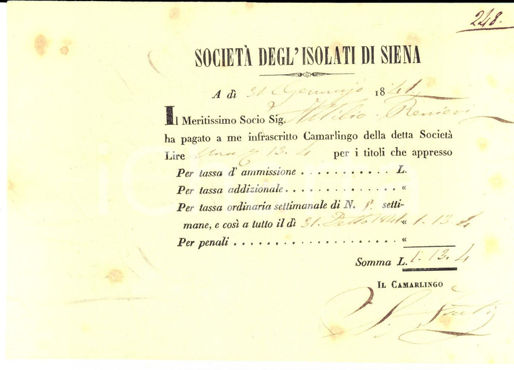 Documento originale, autentico 1841 SIENA SocietÃ  degl ISOLATI Ricevuta socio Attilio RENIERI per ammissione 1