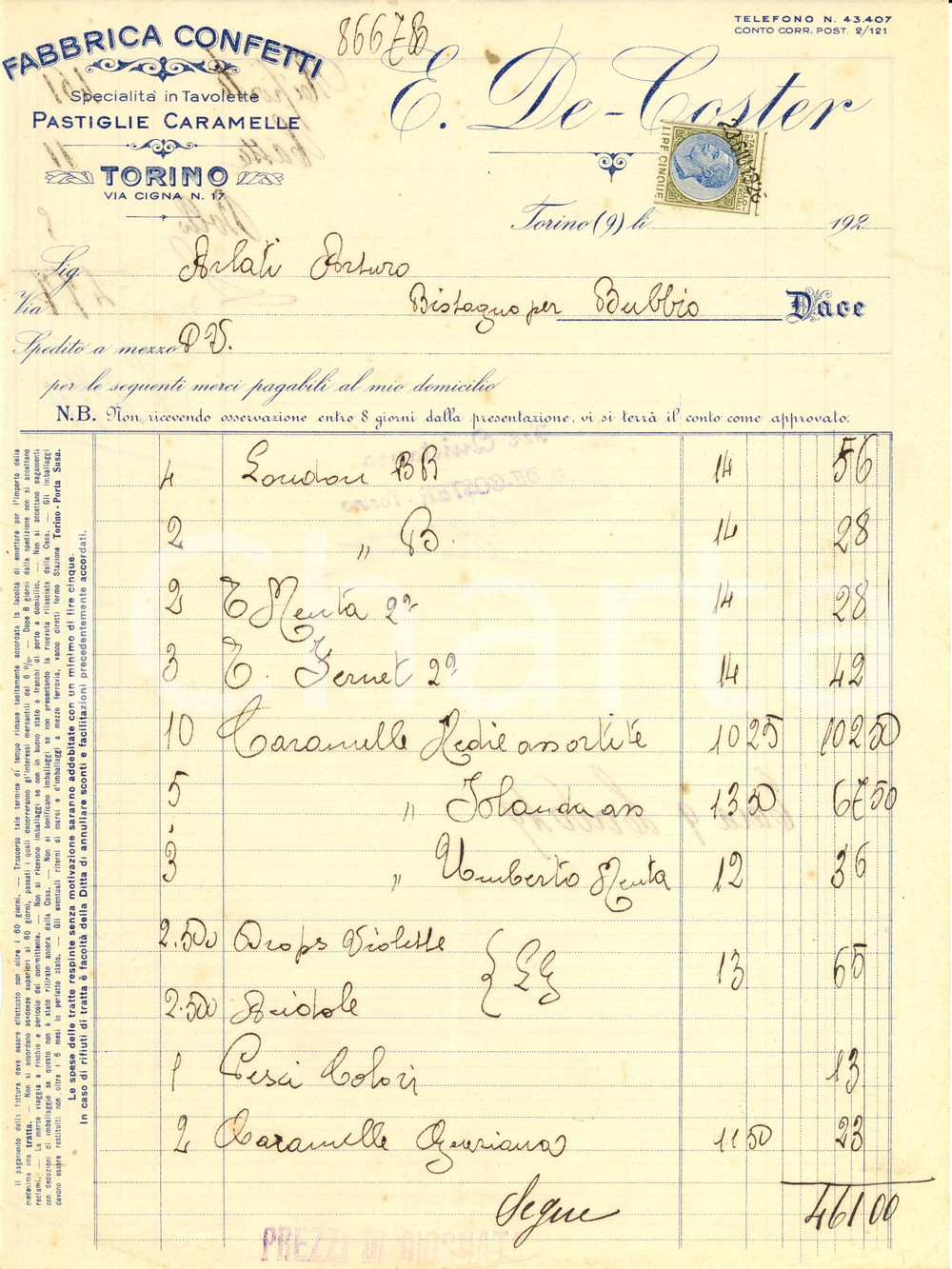 Documento originale, autentico 1926 TORINO Fabbrica E. DE COSTER  Confetti, pastiglie e caramelle Fattura 1