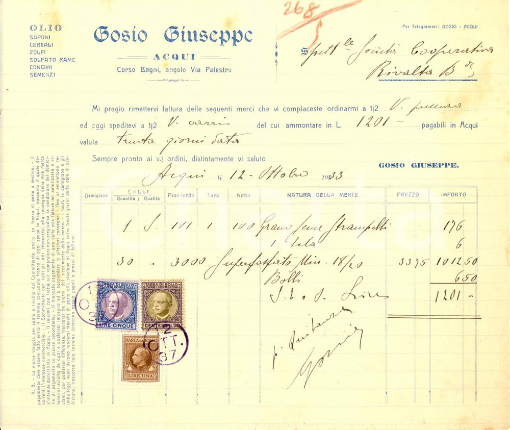 Documento originale, autentico 1937 ACQUI TERME AL Giuseppe COSIO  Olio, saponi, cereali e concimi Fattura 1