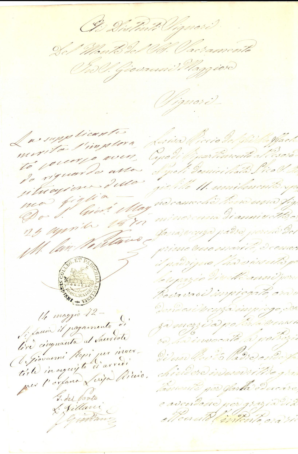 Documento originale, autentico 1872 NAPOLI Supplica di Luisa RICCIO per l educazione della figlia minorenne 1
