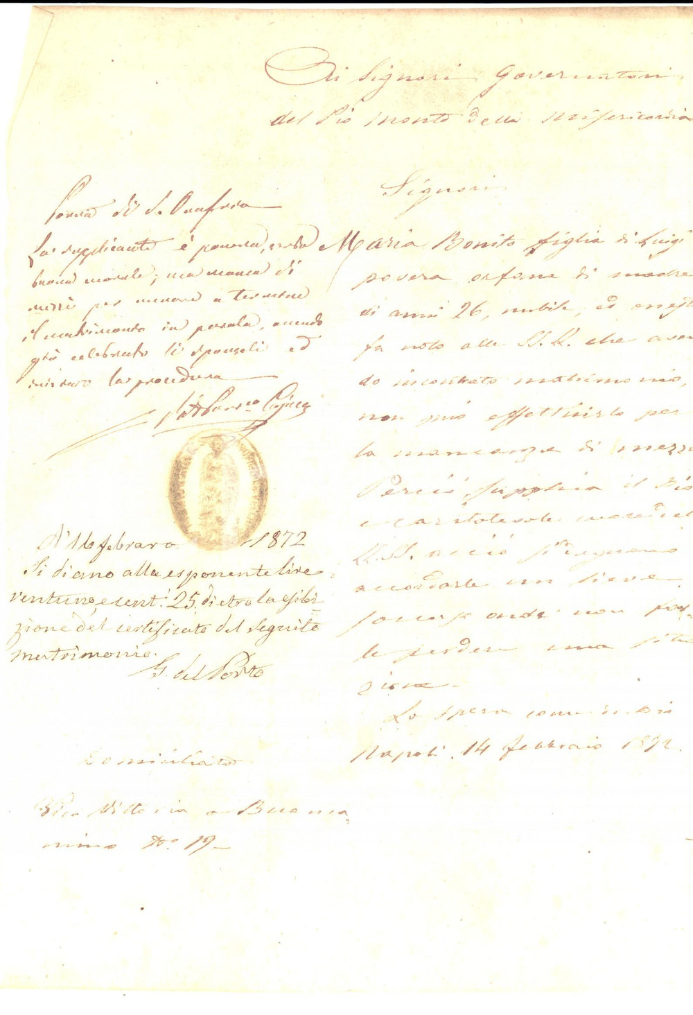 Documento originale, autentico 1872 NAPOLI Supplica di Maria BONITO orfana e nubile per ottenere una dote 1
