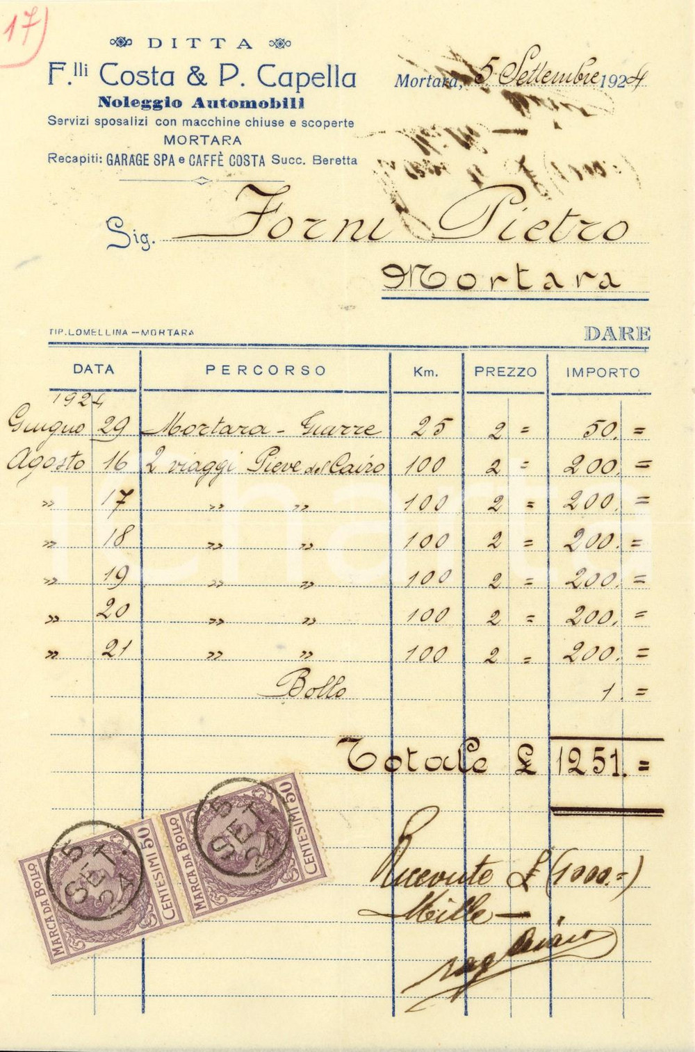 Documento originale, autentico 1924 MORTARA PV Ditta FRATELLI COSTA & P. CAPELLA  Noleggio automobili 1