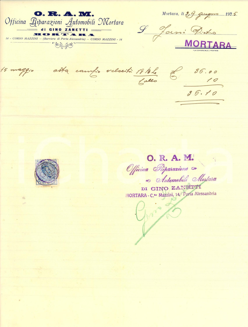Documento originale, autentico 1925 MORTARA PV ORAM di Gino ZANETTI  Officina Riparazioni Automobili Mortara 1