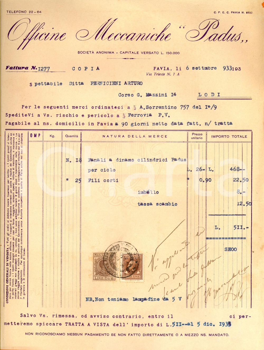 Documento originale, autentico 1933 PAVIA Officine meccaniche PADUS Fattura intestata per fanali a dinamo 1