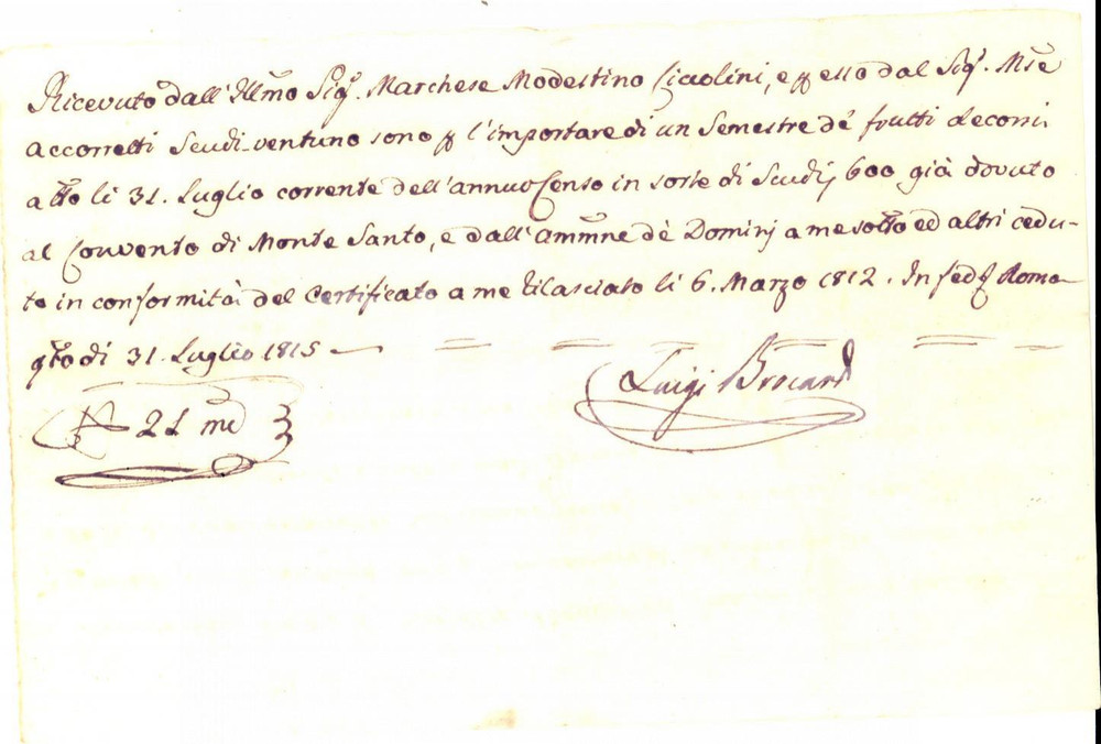Documento originale, autentico 1812 ROMA Censi marchese Modestino CICCOLINI dovuti al convento di MONTE SANTO 1