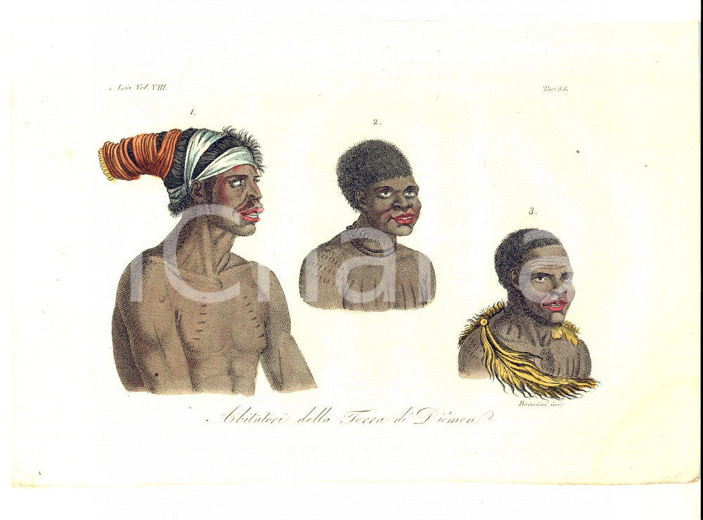 Stampa, bozzetto originale 1830 ca FERRARIO COSTUME ASIA Abitatori della terra di DIEMEN Inc. BERNIERI 1