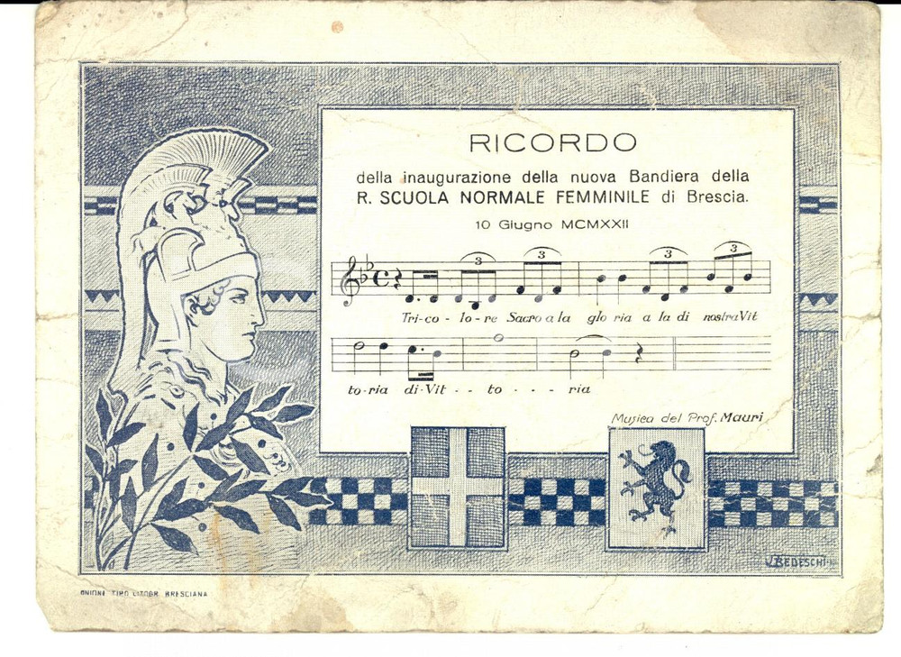 Documento originale, autentico 1922 BRESCIA Scuola Normale Femminile  Ricordo nuova bandiera DANNEGGIATO 1