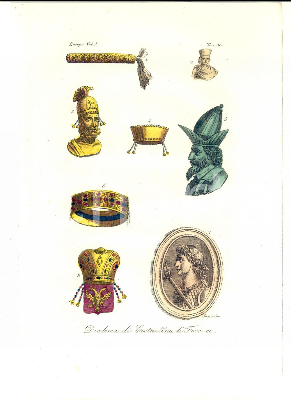 Stampa, bozzetto originale 1823 FERRARIO COSTUME EUROPEO Diadema di Costantino, di Foca ec. Inc. SASSO 1